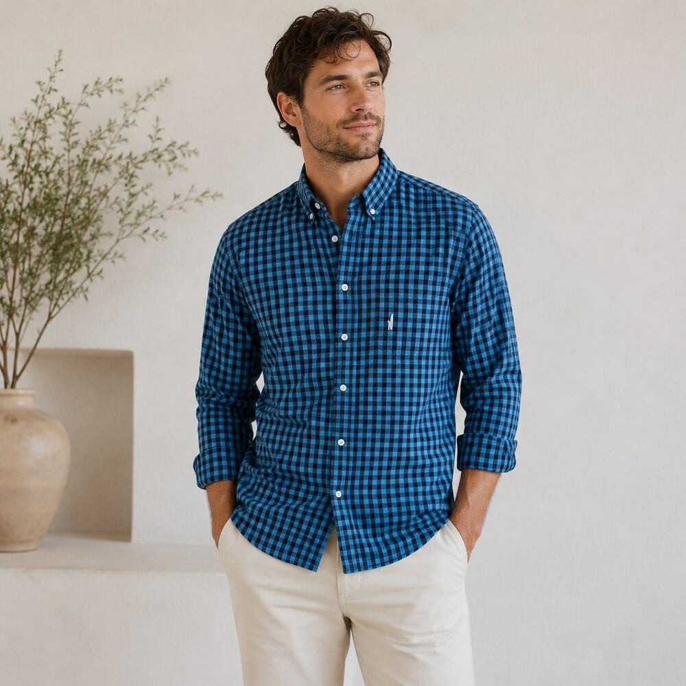 Johnnie-o Blue Gingham Long Sleeve Button Down Shirt Medium